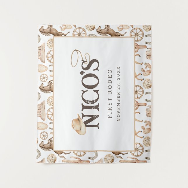 First Rodeo Neutral Southern Cowboy Birthday Tapestry (Front)