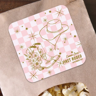 First Rodeo Pink Brown Cowgirl Boots Hat Birthday Square Sticker