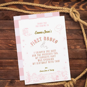 First Rodeo Pink Cowgirl 1st Birthday Thank You Card