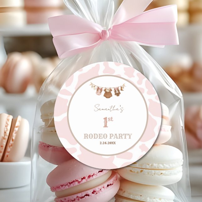 First Rodeo Pink Cowgirl Western Birthday Classic Round Sticker (First Rodeo Birthday Party Sticker)