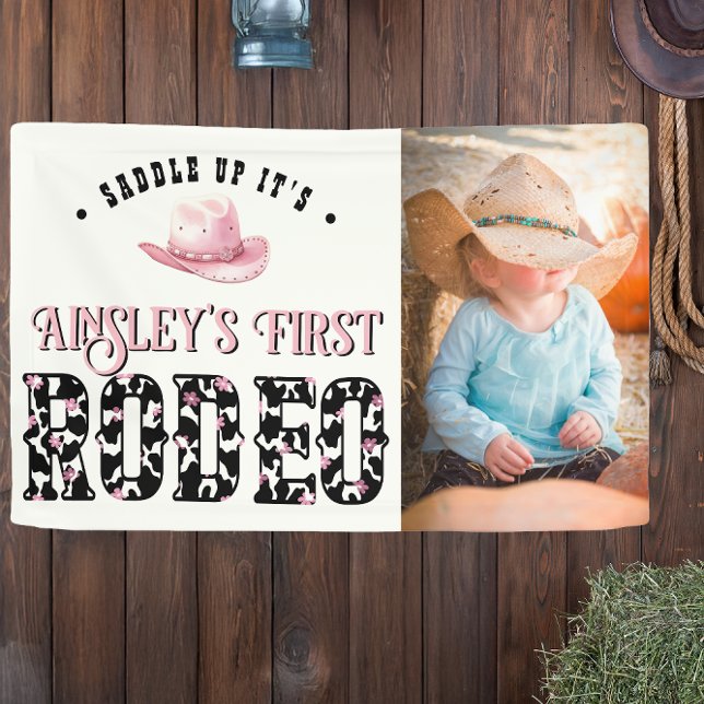 First Rodeo Pink Personalised Photo 1st Birthday Banner (Creator Uploaded)