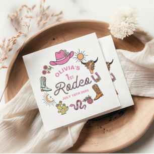 First Rodeo Pink Western Cowboy 1st Birthday Napkin