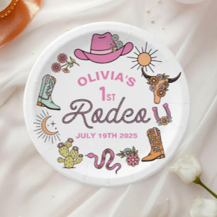 First Rodeo Pink Western Cowboy 1st Birthday Paper Plate