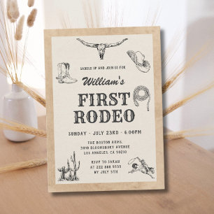 First Rodeo Vintage Neutral Cowboy 1st Birthday Invitation