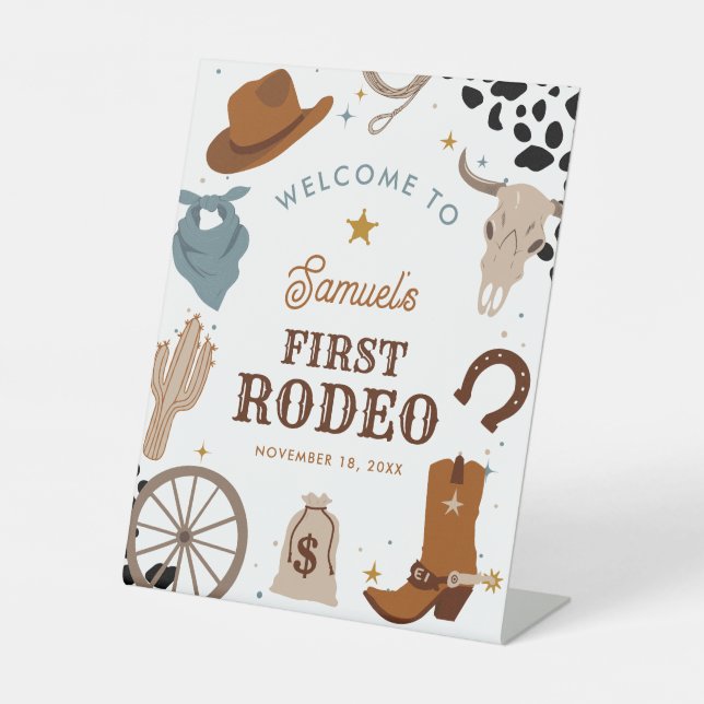 First Rodeo Western Boy First Birthday Welcome Pedestal Sign (Front)