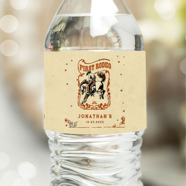 First Rodeo Western Cowboy Birthday Party Water Bottle Label (Creator Uploaded)