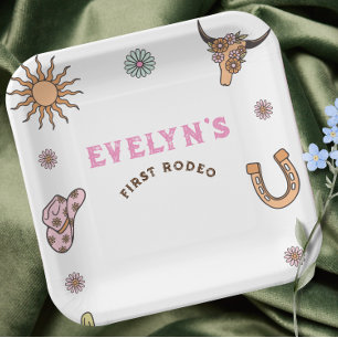 First Rodeo Western Cowboy Boho Birthday Paper Plate