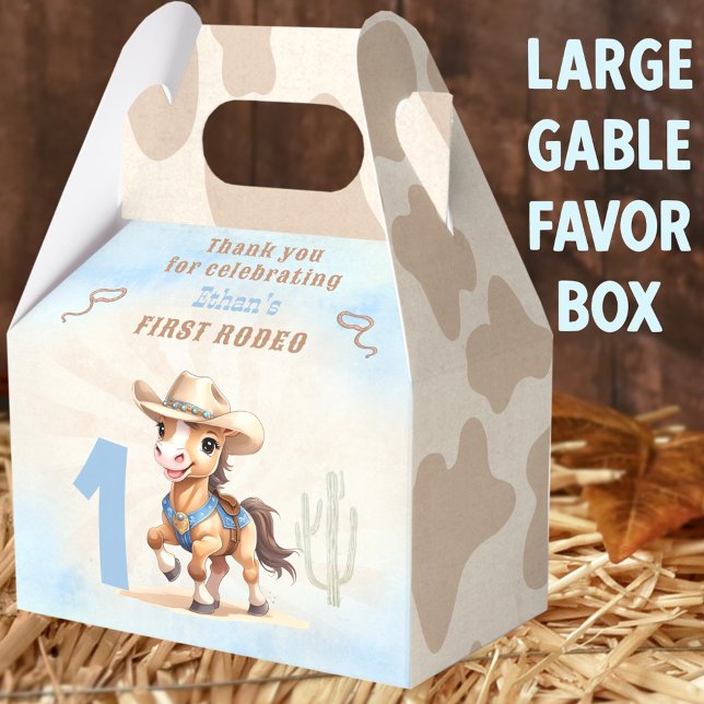 First Rodeo Western Cowboy Boy Large Favour Box (1st Rodeo Large Gable Favor Boxes - You can choose from 3 sizes of these gable favor boxes)