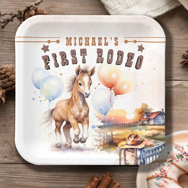 First RODEO | Wild West Cowboy 1st Birthday Boy Paper Plate (Creator Uploaded)