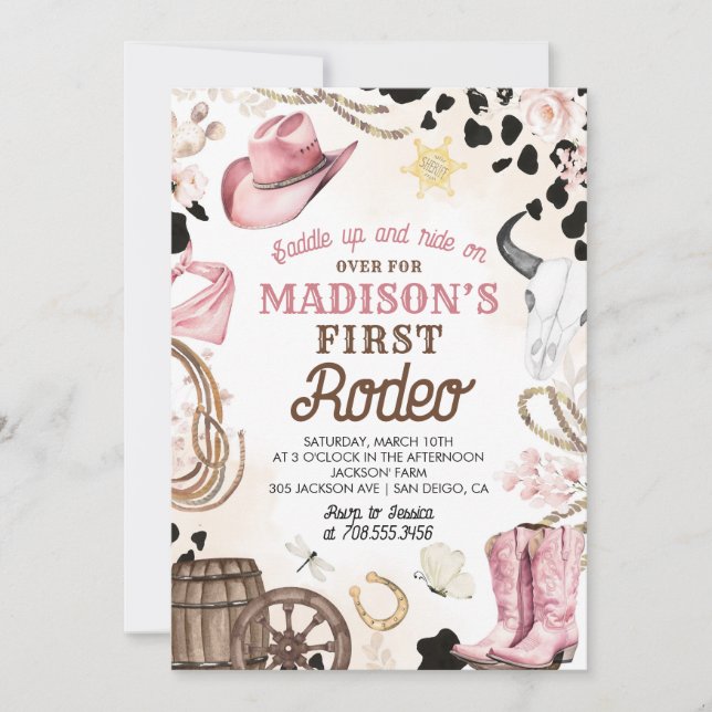 First Rodeo Wild West Cowgirl Pink Girl Birthday Invitation (Front)