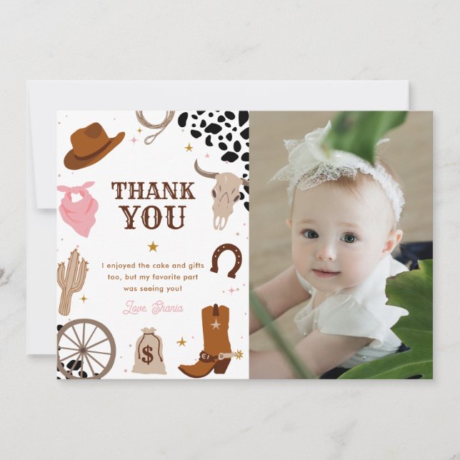 First Rodeo Wild West Girl First Birthday Photo Thank You Card (Front)