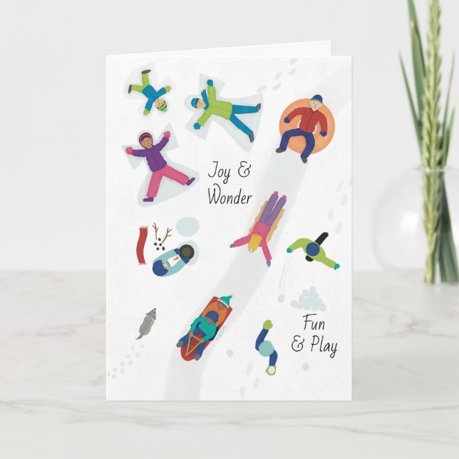 First Snow Winter Children Playing Snow Angels Holiday Card (Front)