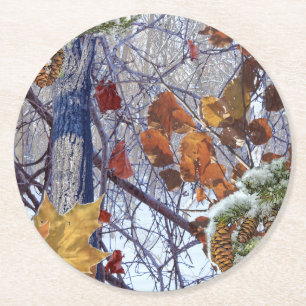 First Snow Winter Forest Camo Print Round Paper Coaster