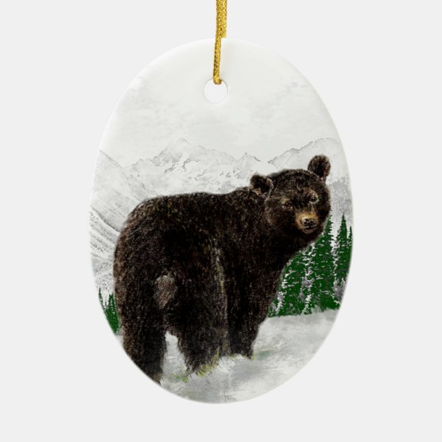 First Snowfall Black Bear Mountain Wilderness Ceramic Tree Decoration (Front)