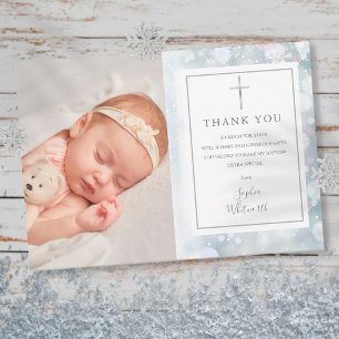 First Snowflakes Baptism Christening Photo Thank You Card