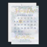 First Snowflakes Calendar Save the Date<br><div class="desc">Move the elegant gold snowflake to your special date and personalise with your names and details on a winter frost background to create a unique save the date card. The reverse has additional save the date details, including your wedding website, with your return address and space for your recipient's address....</div>
