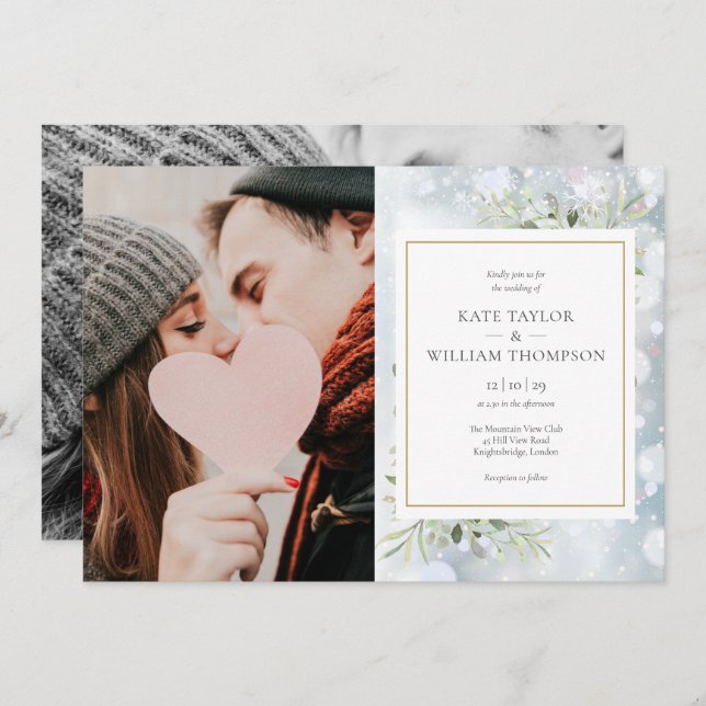 First Snowflakes Photos Greenery Winter Wedding Invitation (Front/Back)