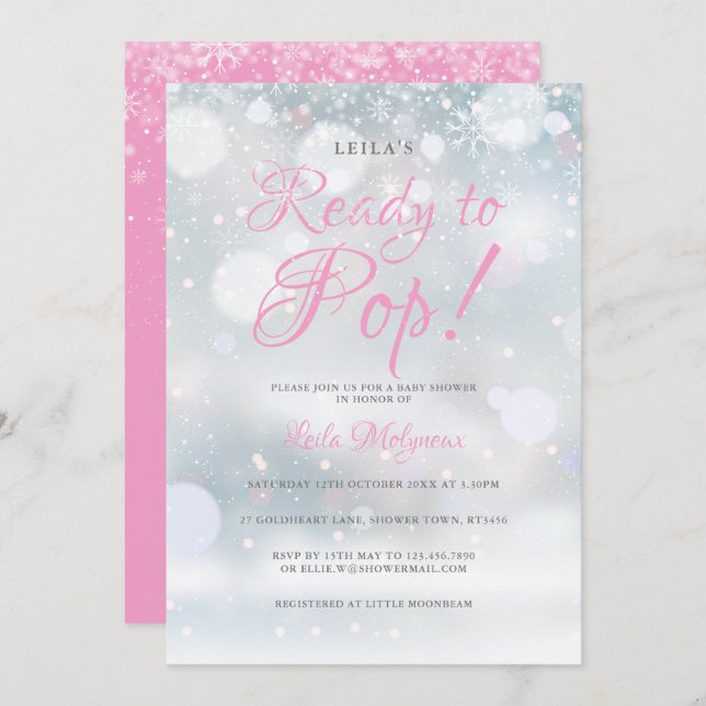 First Snowflakes Pink Ready to Pop Baby Shower Invitation (Front/Back)