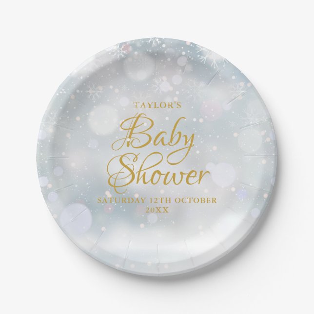 First Snowflakes Winter Baby Shower / Sprinkle Paper Plate (Front)