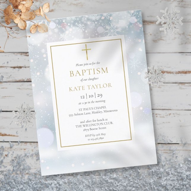 First Snowflakes Winter Baptism Christening Invitation Postcard (First Snowflakes Winter Baptism Christening Invitation Postcard)