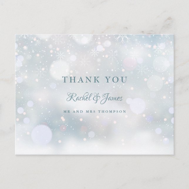 First Snowflakes Winter Wedding Photo Thank You Postcard (Front)