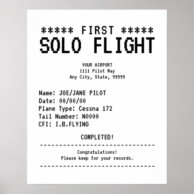 First Solo Flight Congratulations Poster (Front)