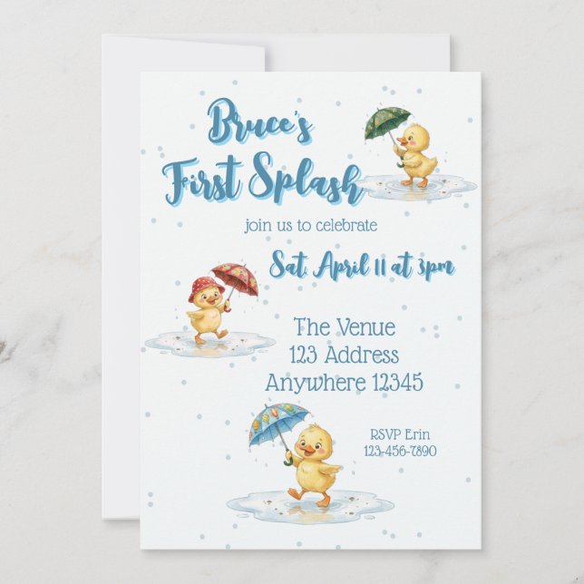 First Splash, Puddle Jumping Duck 1st Birthday Invitation (Front)