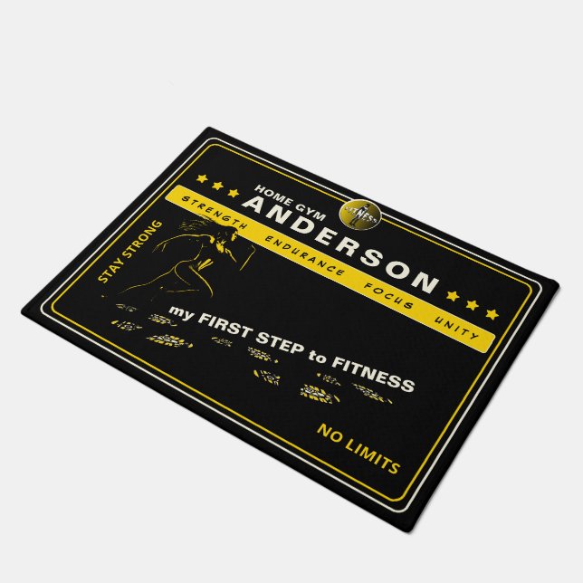 First steps to fitness, customisable gym doormat (Angled)