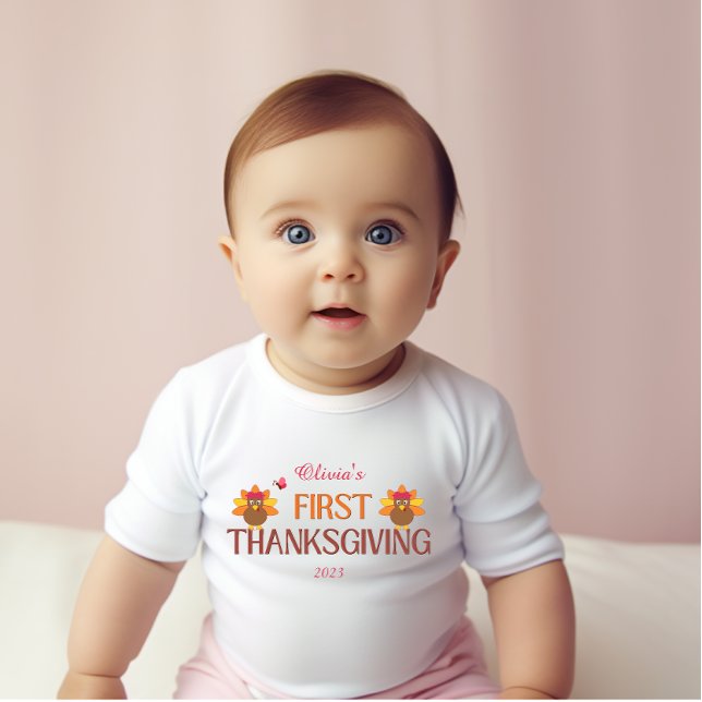 First Thanksgiving Add a Name and Year white girl Baby Bodysuit (Creator Uploaded)