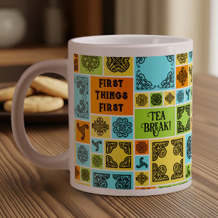 First Things First Tea Break! Funny Magenta & Blue Large Coffee Mug