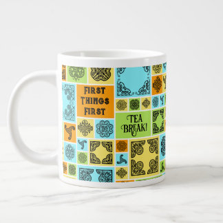 First Things First Tea Break! Funny Magenta & Blue Large Coffee Mug