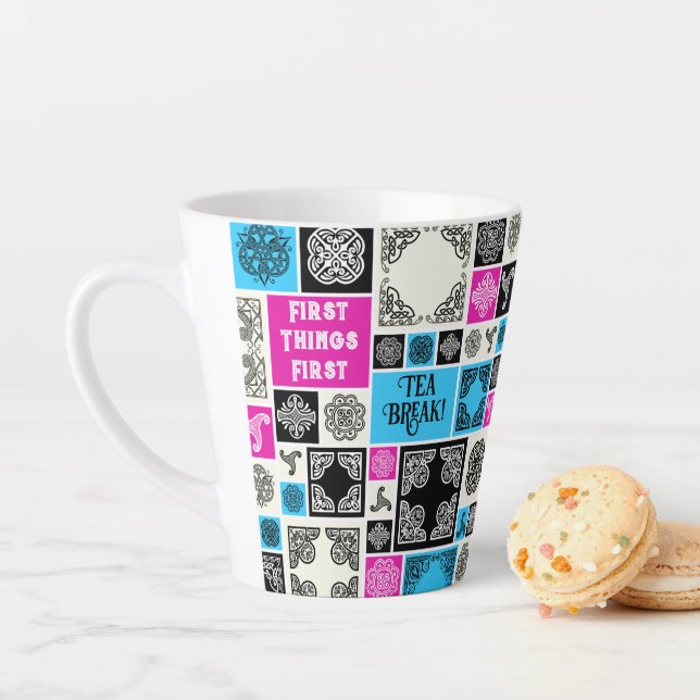 First Things First Tea Break! Funny Magenta & Blue Latte Mug (In Situ)