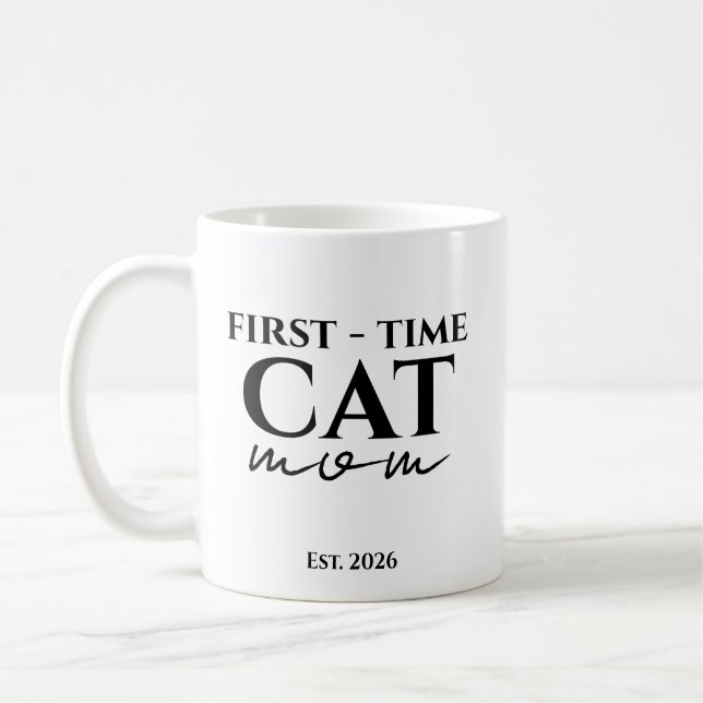 First Time Cat Mom Est. Year Personalized Text Coffee Mug (Left)