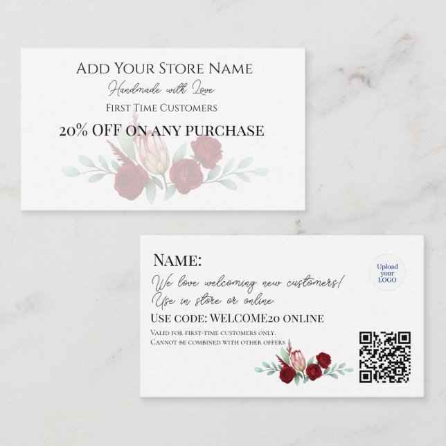 First-time Customers Elegant Floral Watercolor Discount Card (Front/Back)