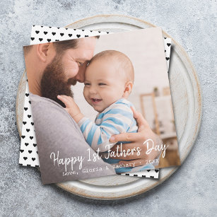 First Time Father's Day Photo Heart Pattern Holiday Card