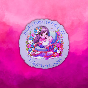 First Time Mom Happy Mother's Day Round Cushion