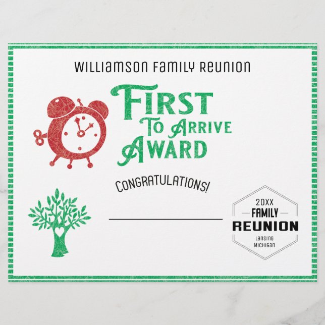 First To Arrive Family Tree Reunion Award Custom Letterhead (Front)