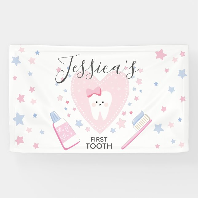 First Tooth baby girl shower party editable banner (Horizontal)