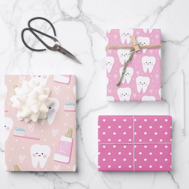 First Tooth Wrapping Paper Sheet Set of 3 for Girl (Front)