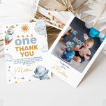 First Trip Around Sun 1st Birthday Thank You Card<br><div class="desc">First Trip Around Sun 1st Birthday Thank You Card Sweet outer space or first trip around the sun first birthday thank you card featuring a small sun, planet, stars, spaceship and spaceman. This boy's first trip around the sun thank you card has a birthday party photo on the back and...</div>