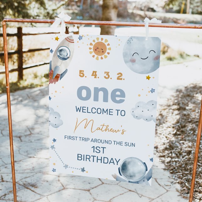 First Trip Around Sun 1st Birthday Welcome Sign (Outer space or first trip around the sun 1st birthday welcome sign with moon, sun and astronaut.)