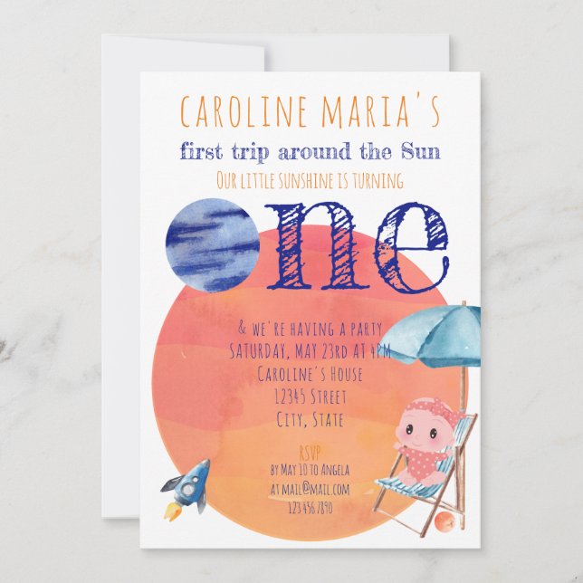 First Trip Around Sun Baby 1st Birthday One Photo Invitation (Front)