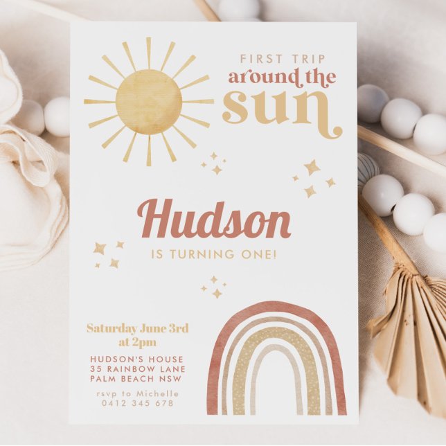 First Trip Around Sun Boho Rainbow 1st Birthday Invitation (First Trip Around The Sun | Rust Rainbow 1st Birthday)