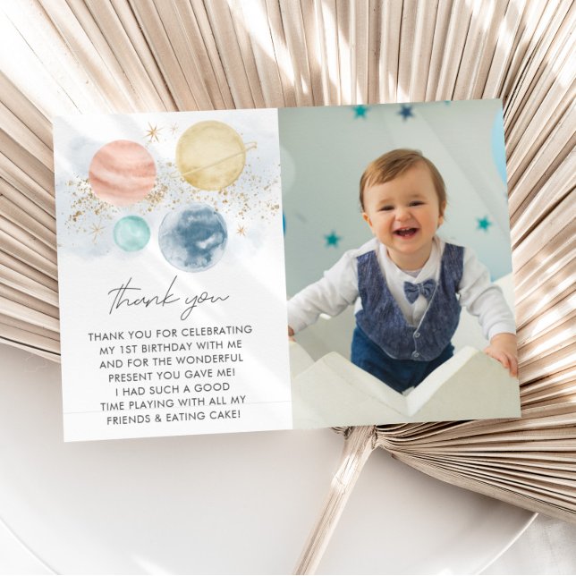 First Trip Around Sun Boys 1st Birthday Photo Thank You Card (First Trip Around The Sun - Boy's Space Theme 1st Birthday Thank You Card with Photo)