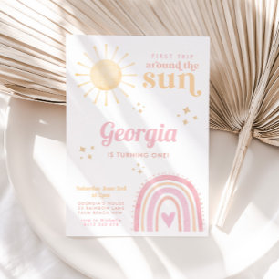 First Trip Around Sun Pink Rainbow 1st Birthday Invitation
