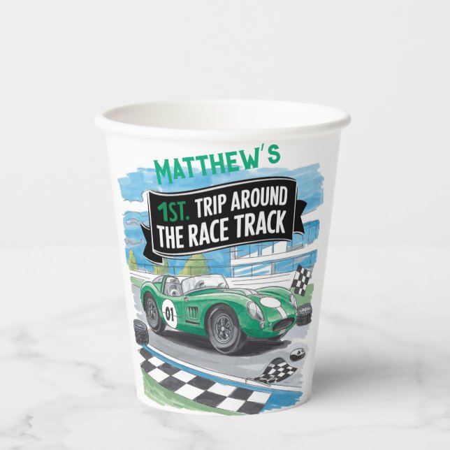 First Trip Around the Race Track Birthday Paper Cups (Front)