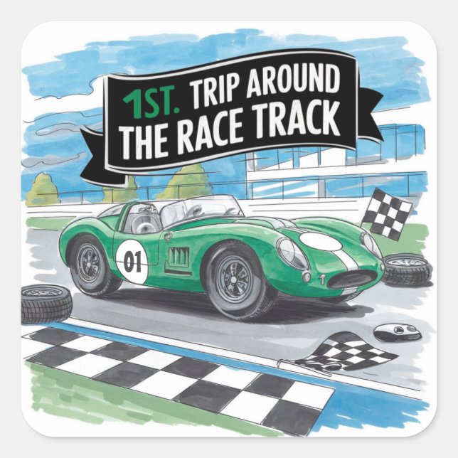 First Trip Around the Race Track Birthday Square Sticker (Front)