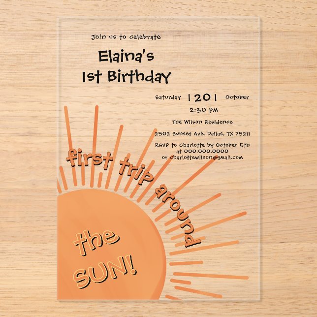 First Trip Around The Sun 1st Birthday Acrylic Invitations (Front)