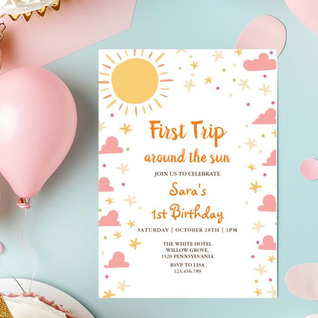 First Trip Around The Sun 1st Birthday Byby Girl Invitation (Creator Uploaded)