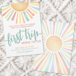 First Trip Around The Sun 1st Birthday Invitation<br><div class="desc">Celebrate your little one's First Trip Around the Sun with this bright and cheerful 1st birthday party invitation. At the top, "First Trip" is highlighted in bold script calligraphy, setting the tone for a joyful celebration. A big sun with vibrant rays in yellow, orange, red, teal, and blue beams down,...</div>